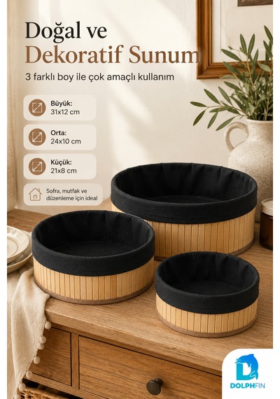 3 Lü Yuvarlak Sepet Seti Kumaş Kaplı Dekoratif Düzenleyici Sepet 31-24-21 Cm Kahverengi - Siyah