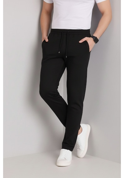 Bürke Erkek Siyah Beli Lastikli Bağcıklı Duble Paça Jogger Pantolon