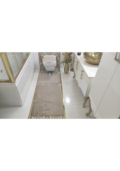 Gofraj Bej Banyo Halısı Klozet Takımı 3'Lü Set Bej