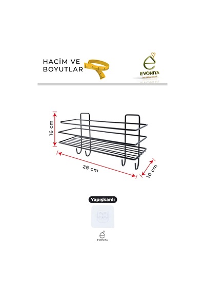 Yapışkanlı Askılı Banyo Rafı Metal Siyah Duş Şampuanlık Organizer Delmeden Montaj Raf