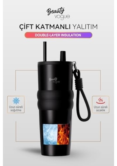 Lüks Çelik Termos Bardak - Çift Yalıtımlı Pipetli Mug - Mat Siyah-sıcak-soğuk Açık Beyaz