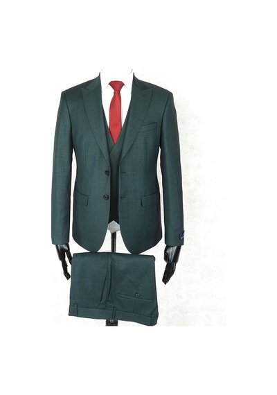 Jan Carlucci Slim Fit Sivri Yaka-çift Yırtmaç Koyu Yeşil Drop 6 Yelekli Takım Elbise Yeşil