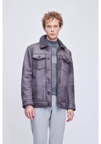 Hatemoğlu Gri Slim Fit Bebe Yaka Deri Mont