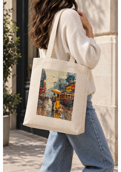 Lunora Collection Şemsiyeli Çift Baskılı Körüklü Kanvas Bez Çanta Ham Renk