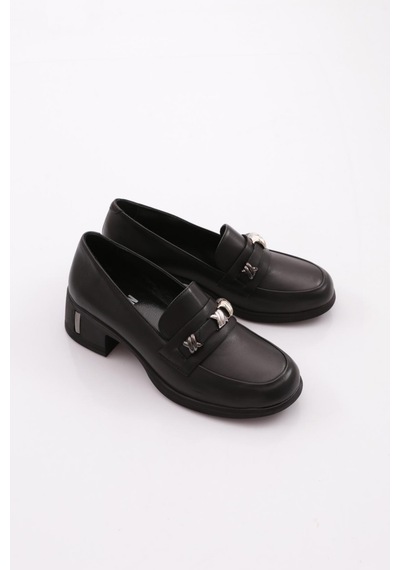 Dgn 603 Kadın Topuklu Loafer Ayakkabı Siyah Napa