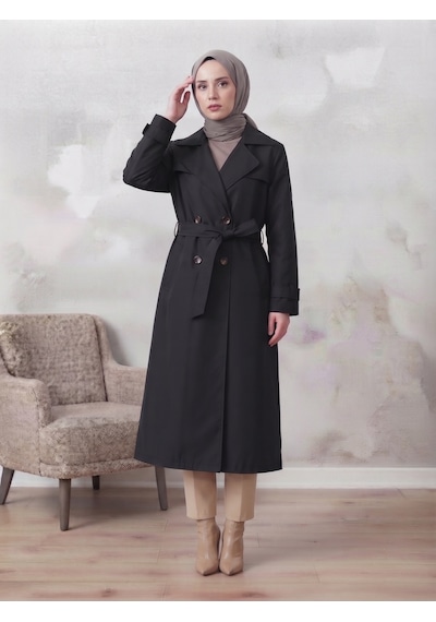 B.he.z Kruvaze Yaka Bondik Su İtici Kumaş Astarlı Trend Model Diz Altı Trençkot Siyah