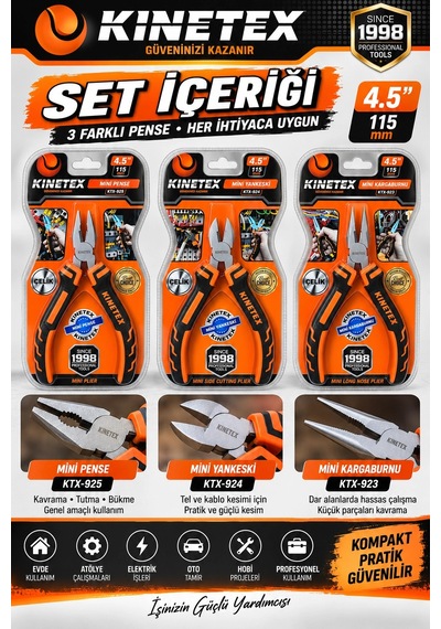 Kinetex 3 Lü Mini Pense Seti 115 Mm Mini Pense, Yankeski Ve Kargaburnu El Aletleri Seti Mini Kıvır