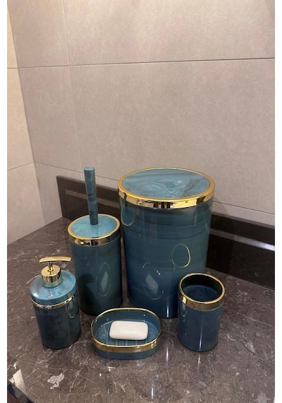 Makri Home Banyo Seti 5'li,akrilik-çöpkovası,wc Fırçalık,sıvı Sabunluk,diş Fırçalık,el Sabunluk,gold Renk Detay Yeşil