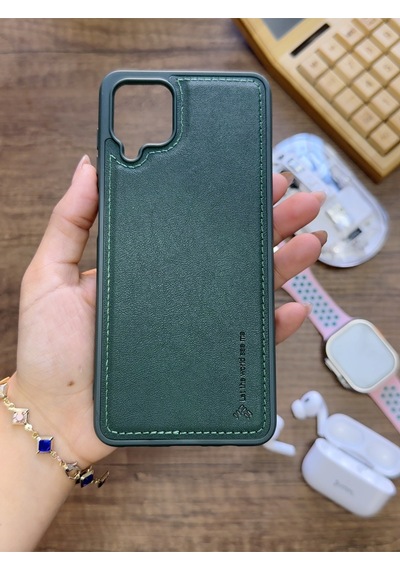 Samsung Galaxy A12 Uyumlu Premium Deri Dokulu Darbelere Karşı Dayanıklı Nazal Silikon Kılıf Haki