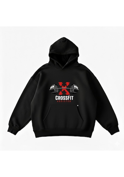 Maki Home Makiteks Siyah Pamuklu Unisex Kanguru Cepli Kapüşonlu Rahat Kesim Crossfit Baskılı Sweatshirt Siyah Xl