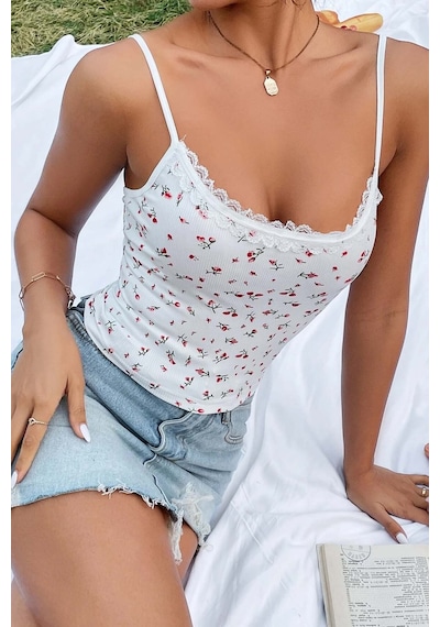 Merry See Çiçek Desenli Askılı Atlet Bluz Crop Top Çok Renkli