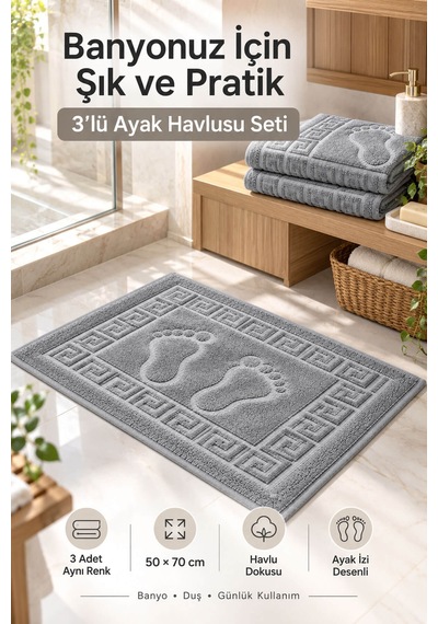 3'lü Banyo Ayak Havlusu 50x70 Cm 250 Gr Footera Gri
