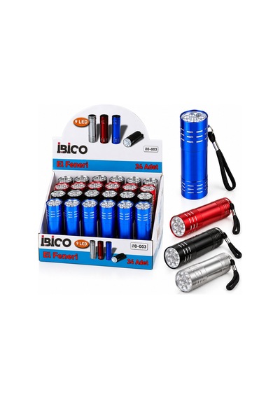 İbico İ10-003 El Feneri Çap: 2.3cm Mini Boy: 8cm 9led Pilli Metal Renkli Kasa - 24'li Paket