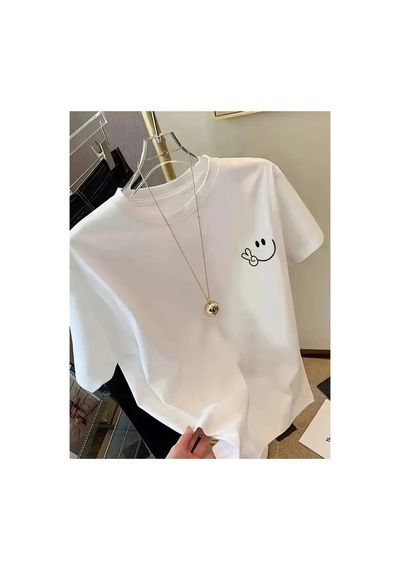 Kadın Gülücük Baskılı Tişört Kısa Kol Bisiklet Yaka Oversize T-shirt - Beyaz