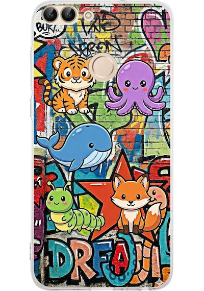Huawei P Smart 2018 İle Uyumlu Grafiti Mini Tasarımlı Şeffaf Silikon Kılıf Şeffaf