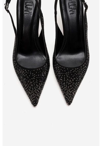 Luvishoes Johanna Siyah Platin Taşlı Kadın Topuklu Ayakkabı Siyah