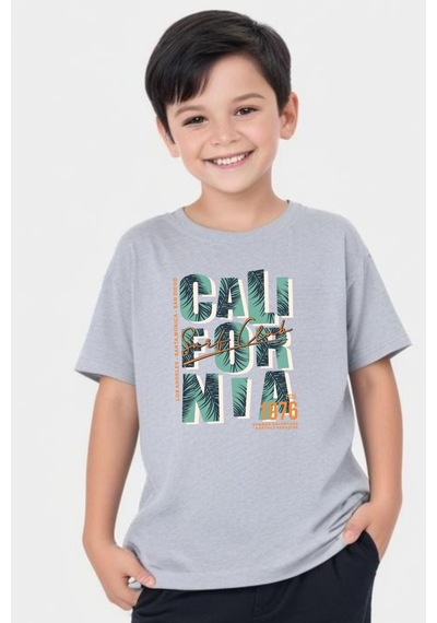 Panios Kids Cali Baskılı Erkek Çocuk Yuvarlak Yaka Kısa Kollu T-shirt Gri