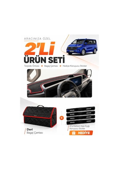 Ford Transit Custom 2025-sonrası Uyumlu Torpido Örtüsü + Deri Çanta + Sticker - Siyah Kırmızı