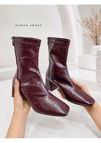 Dabab Shoes Janıce Kadın Bordo Küt Kare Burun Kırışık Desenli Rugan Streç Arkadan Fermuarlı 6 Cm Kalın Topuklu Bot Bootie