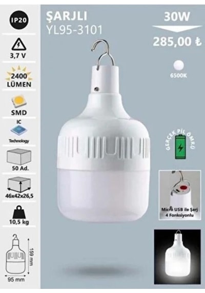 Noas 30w Şarjlı Led Ampul, Beyaz Işık Yl95-3101