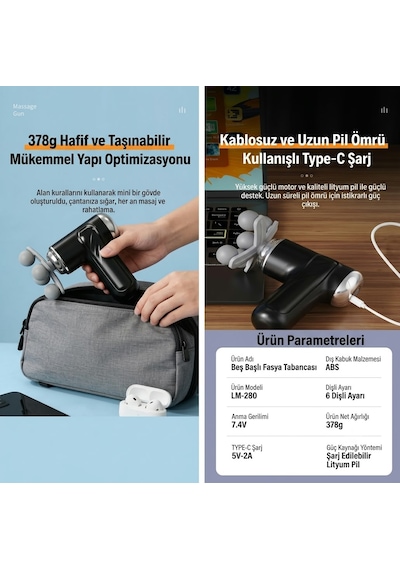 Taotao Çok Başlıklı Pratik Kullanışlı Derin Doku Masaj Aleti Profesyonel 9 Başlıklı Masaj Tabancası Siyah