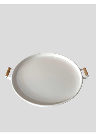 Eceaksesuar Ahşap Kulplu 50 Cm Yuvarlak Metal Tepsi Kahvaltı Çay Kahve Sunum Tepsisi Beyaz 48 X 48 Diğer