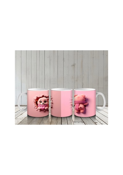 Pembe Çiçekli Çatlakta Sevimli Ayıcık Ve Arka Yüzü Baskılı Kahve Kupası Renkli