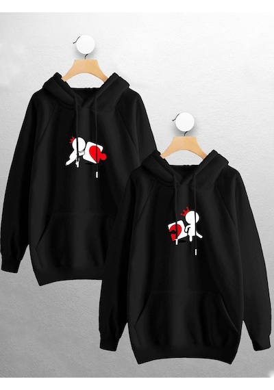 Macklin Sevgili Çift Kombini Kalp Yapboz Tasarım Kapüşonlu Sweatshirt 2'li Set Siyah Mck0822 Siyah