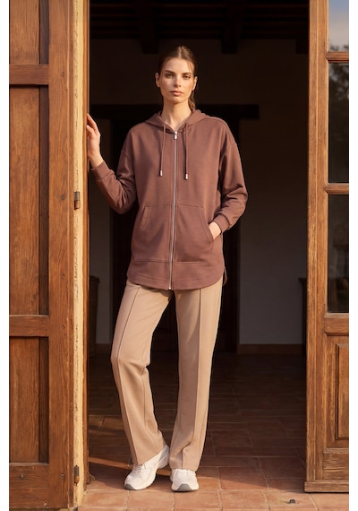 Tommylıfe Kahverengi Yumuşak Dokulu Kapüşonlu Oversize Kadın Tunik Sweatshirt - 97302