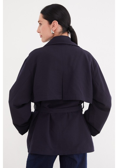 Fullamoda Pelerinli Kuşaklı Geniş Kol Oversize Trençkot Lacivert
