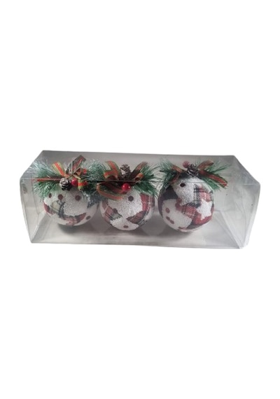 3 Adet Yılbaşı Ağacı Top Süsü 8 Cm - Pullu Köpük Desenli Ve Kumaş Detaylı Lüks Süs Seti Pvc Kutulu