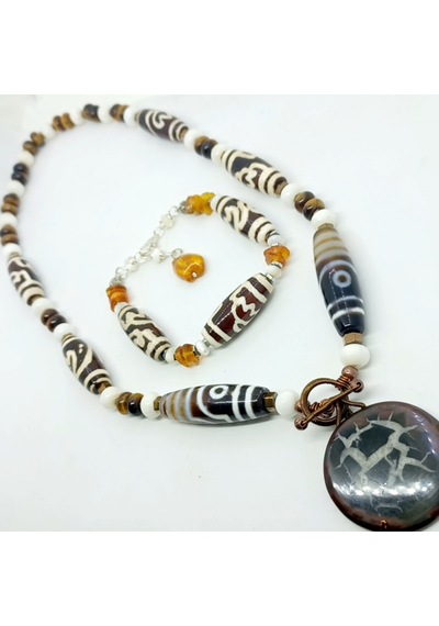 Sibelce 2224 Septarian Tibet Akik Kaplangözü Mercan El Yapımı Kolye Çok Renkli