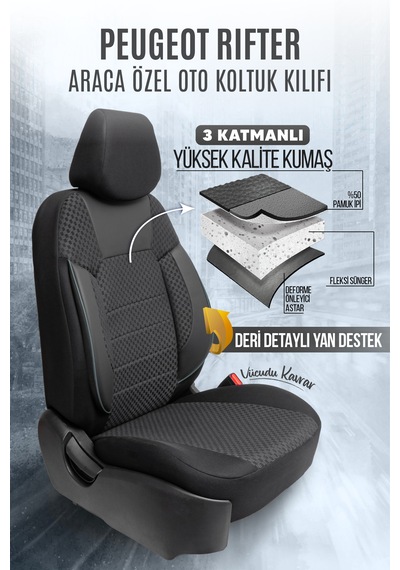 Peugeot Rifter Uyumlu Pamuklu Kumaş Araca Özel Oto Koltuk Kılıfı Tam Set Siyah