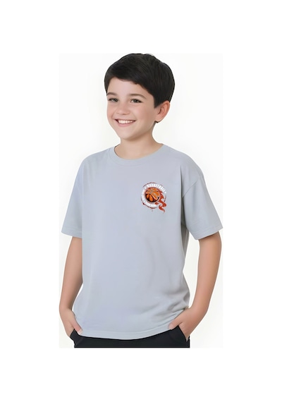 Panios Kids Basketball Baskılı Erkek Çocuk Kısa Kollu Tişört Gri