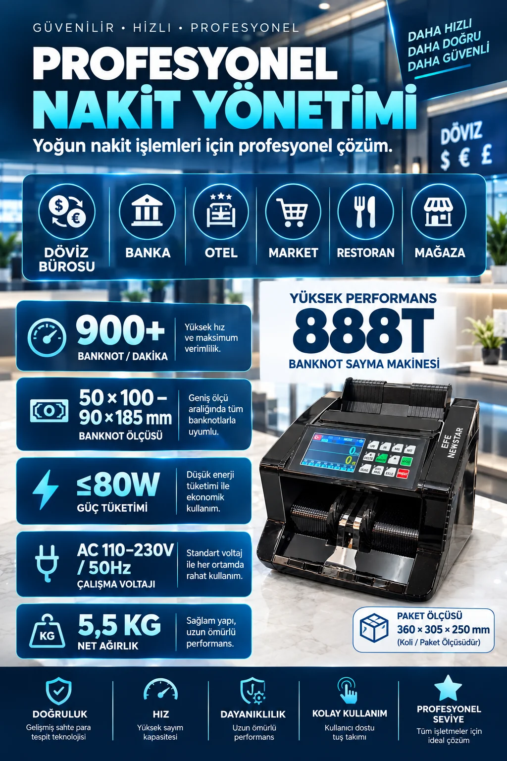 888t Profesyonel Çoklu Para Birimi Banknot Sayma Makinesi 900+ Adet/dk