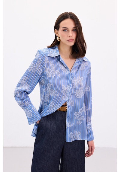 Sateen Geniş Manşetli Gömlek - Mavi-136905 Mavi