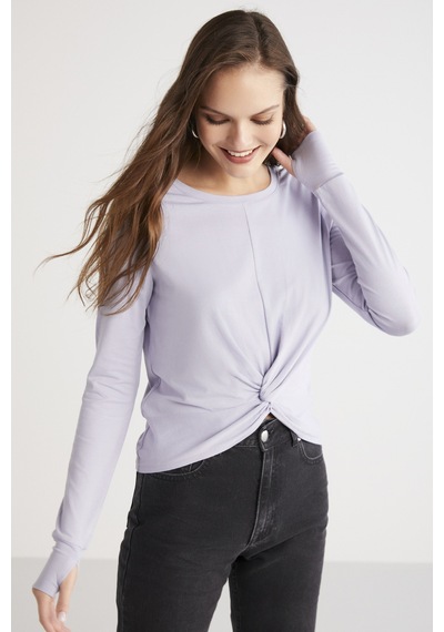 Ethıquet Genesıs Kadın Slim Fit Dar Kesim Önü Nervürlü Drape Detaylı Yuvarlak Yaka Crop Lila Bluz