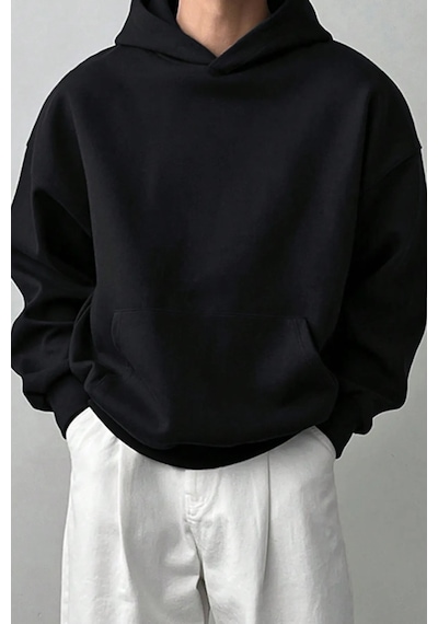Swoord Kapüşonlu Unisex Oversize Sweatshirt 3 Iplik Şardonlu Pamuklu Baskısız Siyah