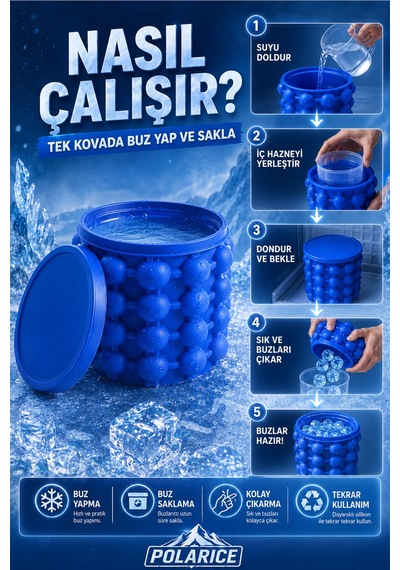 Çift Hazneli Buz Kovası İçecek Soğutucu Ice Cube Maker Genie Kapaklı Buzluk Haznesi Mavi