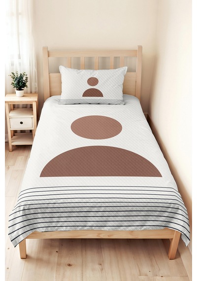 Minimal Boho Geometrik Bej Genç Odası Tek Kişilik Pike Takımı - Vizon 160x220 Cm Yatak Örtüsü Kremamsı Vadi Çizgisi