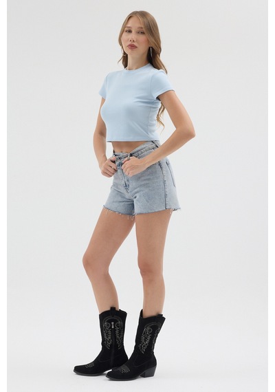 Urbantrendstore Kadın Bisiklet Yaka Likralı Kısa Kol Body Crop Bluz Günlük Şık Sade Yazlık Casual Crop Kadın Crop Mavi