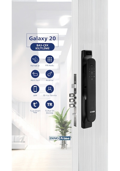 Emaks Prime Akıllı Kilit GALAXY20 Ultra, Yüz Tanıma, Wifi, Süreli Şifre, Kart, Parmak İzi -