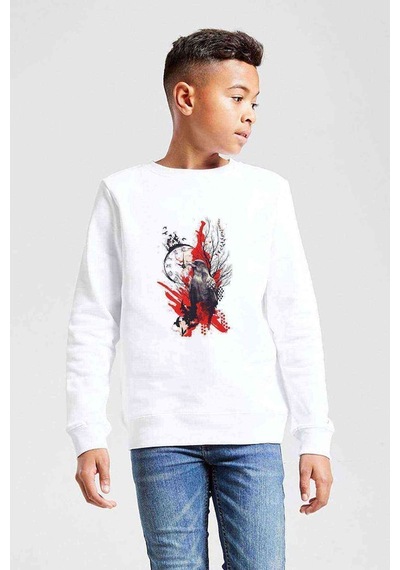 Tshirthane Owl Rose Trash Polka Saat Kuşlar Baskılı Unisex Çocuk Beyaz Swea Beyaz