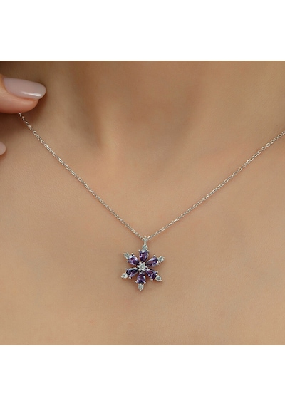 Pırlanta Modeli Mor Taş Lotus Kolye 925 Ayar Gümüş