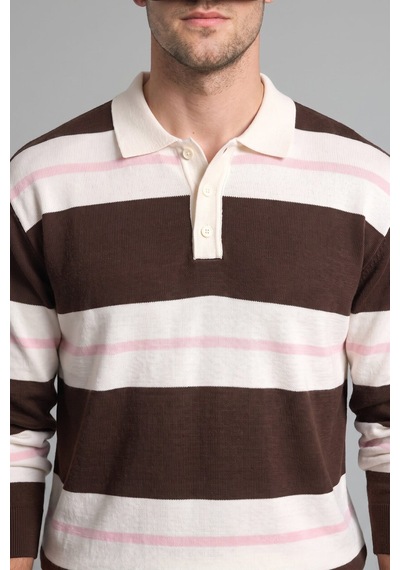 Defacto Relaxed Fit Çizgili Polo Yaka Triko Kazak H7670ax26aubn337 Kahve-bn337