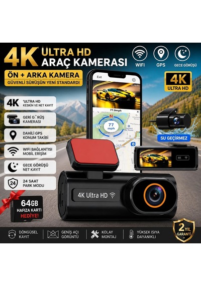 Tr Ultra Hd 4k Mini Ön Ve Arka Araç Kamerası 64gb Hafıza Gece Görüşlü Gps Destekli Kamera