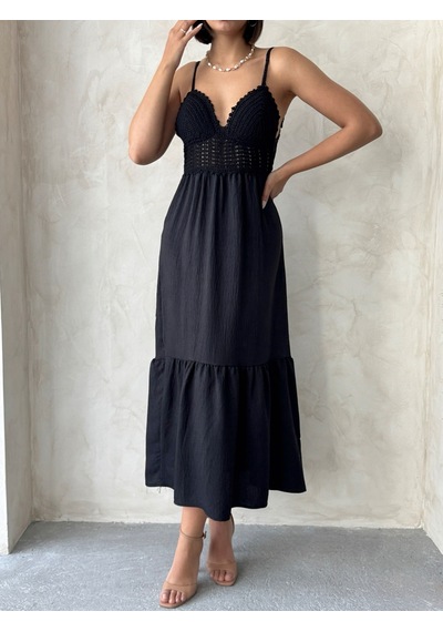 Verymoda Keten Görünümlü Askılı V Yaka Boydan Elbise I D2328 D2328 Siyah