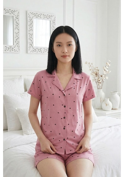 Cottonhill Pembe Kalp Desenli Yumuşak Dokulu Gömlek Yaka Kadın Şortlu Pijama Takımı Gül Pembe