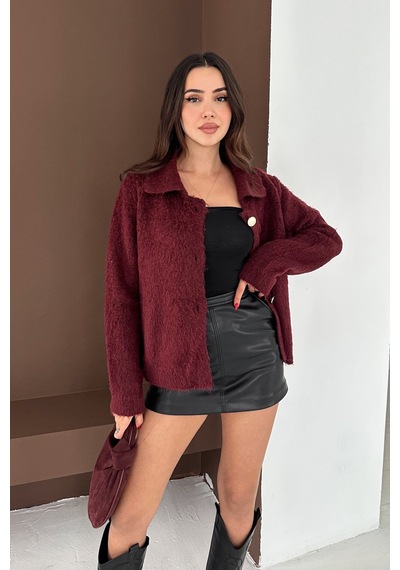 Femelle Kadın Bordo Kırçıllı Dokulu Gold Düğmeli Hırka Standart Beden