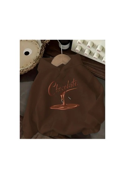 Herkesemoda Chocolate Baskı Detaylı Kapüşonlu Sweatshırt Kahverengi